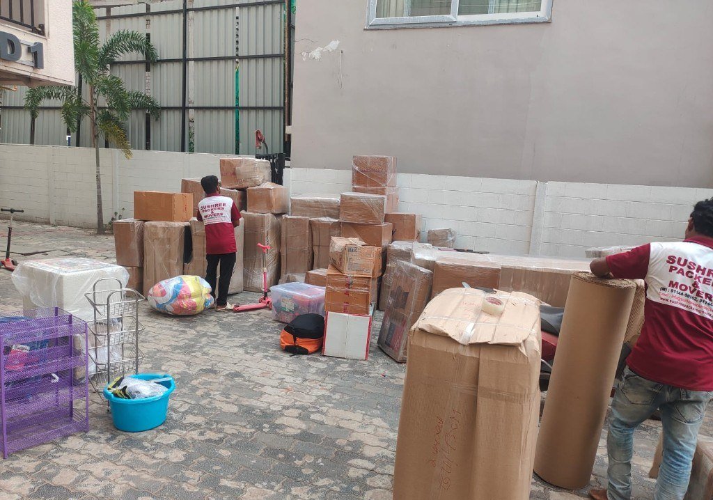 Packed cartons and household items prepared by Sushree Packers and Movers